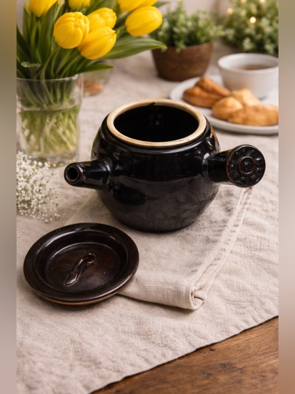 Vintage Kyusu-Style Side Handle Stoneware Teapot / Server • Deep Chocolate Glaze